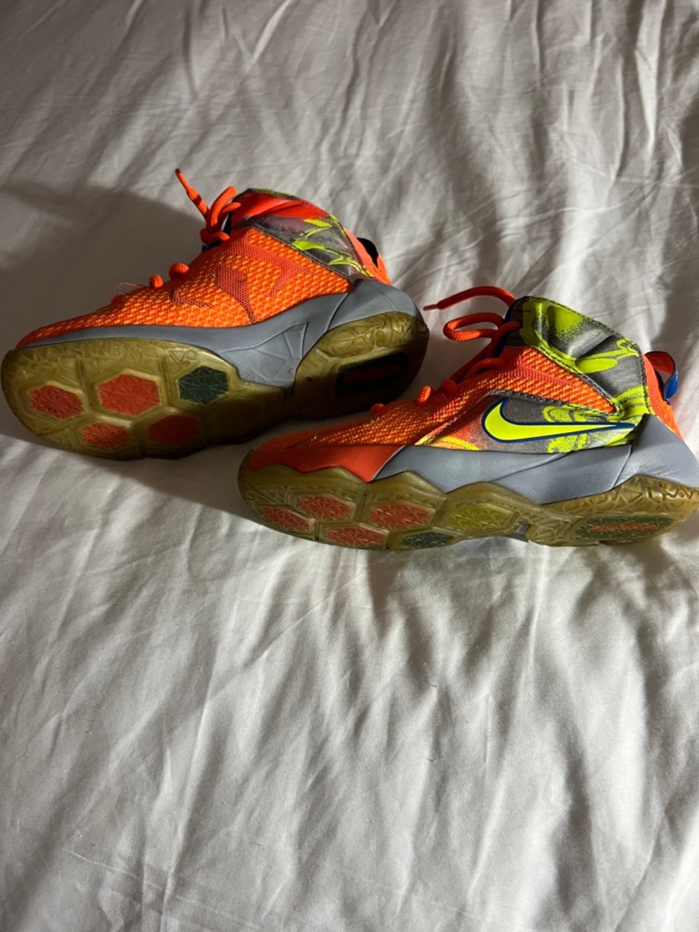 LeBron James Nike Orange Sneakers with Yellow Swoosh and Blue Lining - Picture 3 of 7